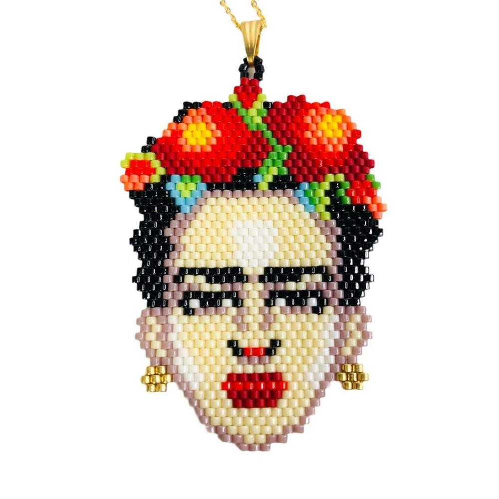 NEW Frida Kahlo Seed Bead Necklace Miyuki Handmade Artisanal Mexican Artist 18" - Picture 2 of 5